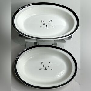 Teacup's Diner Ceramic Cat Food Water Bowl Dish Oblong White BlackPawPrints 6.5"